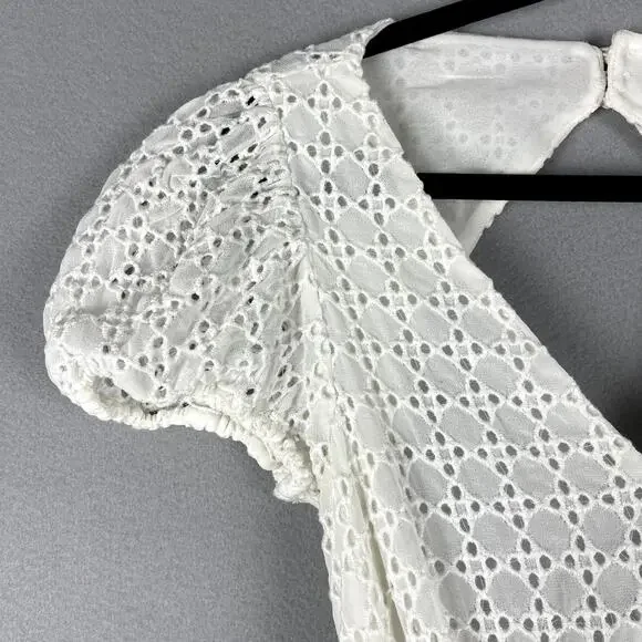 Bardot Nadia Tie Back Mini Eyelet Dress Womens 4 Ivory Ruffle Puff Sleeve NWT - Picture 7 of 16